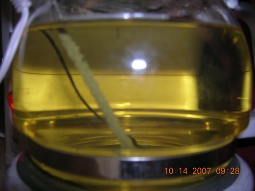 After 45 minutes and the reaction is really starting to take shape. notice the amount of silver deposited on the negative electrode. this photo also taken with flash. compare to shot below. silver particles reflect the flash back with a silver sheen.